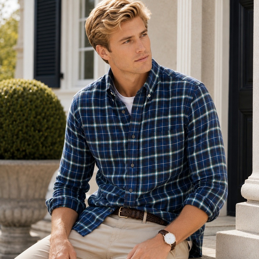 Tommy Hilfiger Plaid Button Down Shirt Blue Green‎ Cotton Blend Preppy Men's L/G